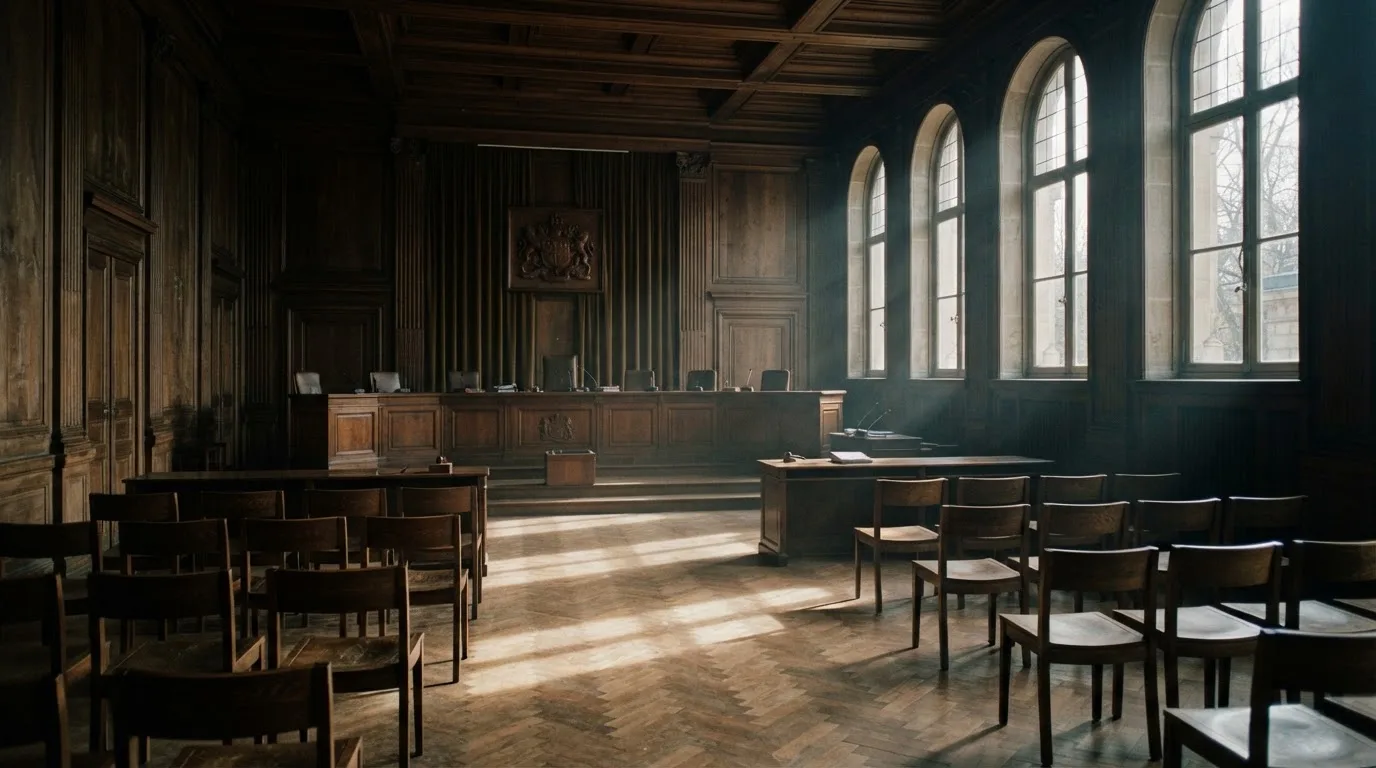 Sala de tribunal vazia com painéis de madeira, à luz da manhã — cassino sem depósito em portugal