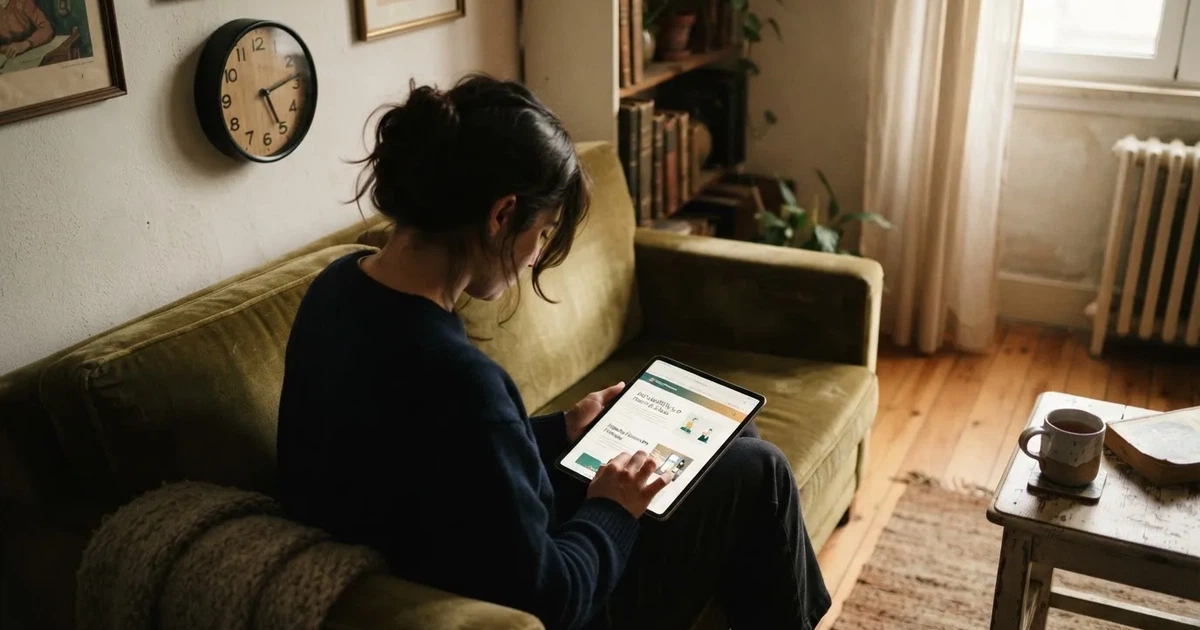 Pessoa num sofá a olhar pensativa para um tablet, com um relógio na parede atrás — cassino sem depósito em portugal
