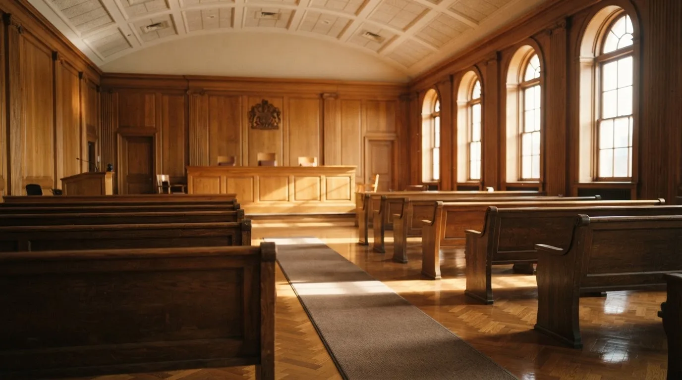 Sala de tribunal vazia com painéis de madeira, à luz da manhã — cassinos ao vivo em portugal