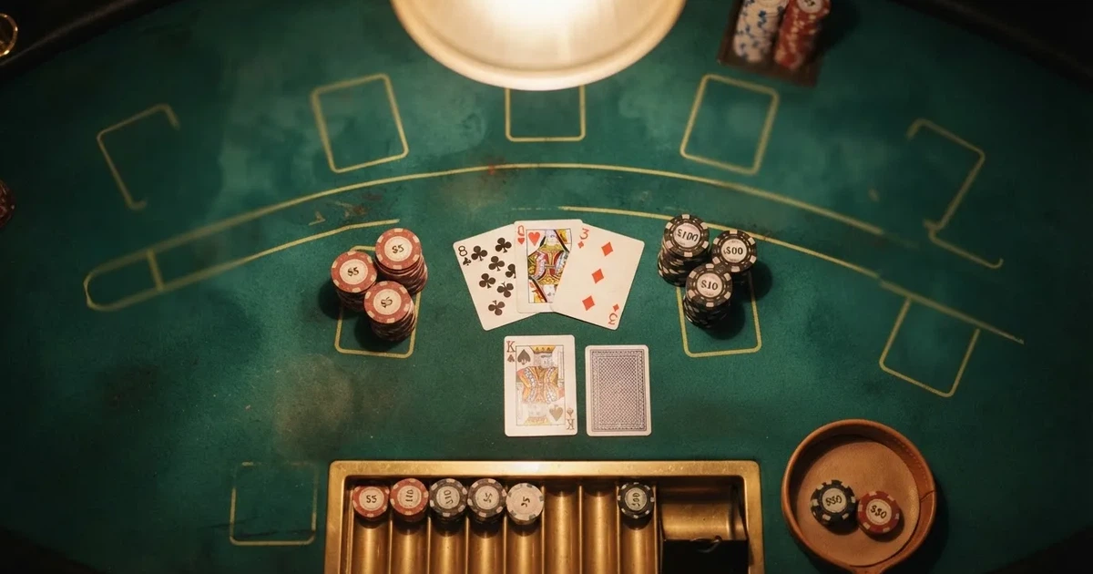 Mesa de jogo iluminada com cartas, vista de cima — cassinos ao vivo em portugal