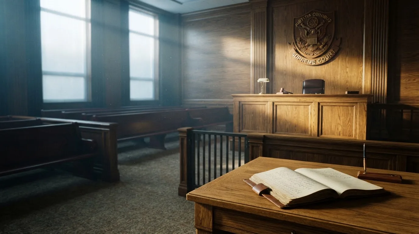 Sala de tribunal vazia com painéis de madeira, à luz da manhã — cassinos com bitcoin em portugal
