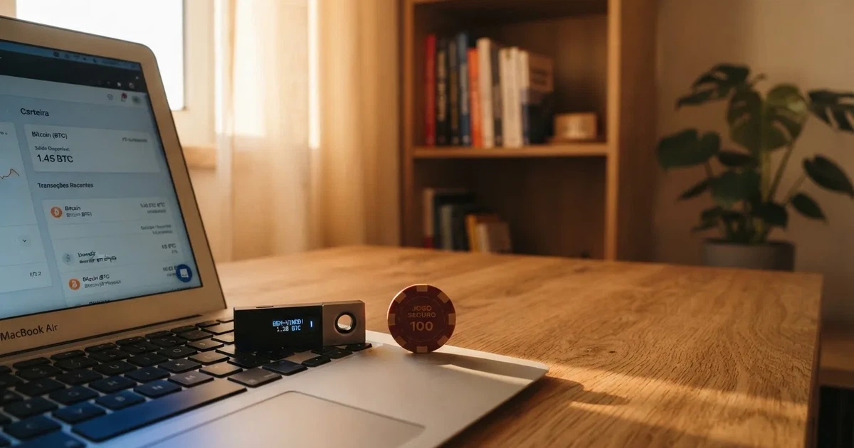 Carteira de hardware e computador portátil numa secretária, com luz suave — cassinos com bitcoin em portugal