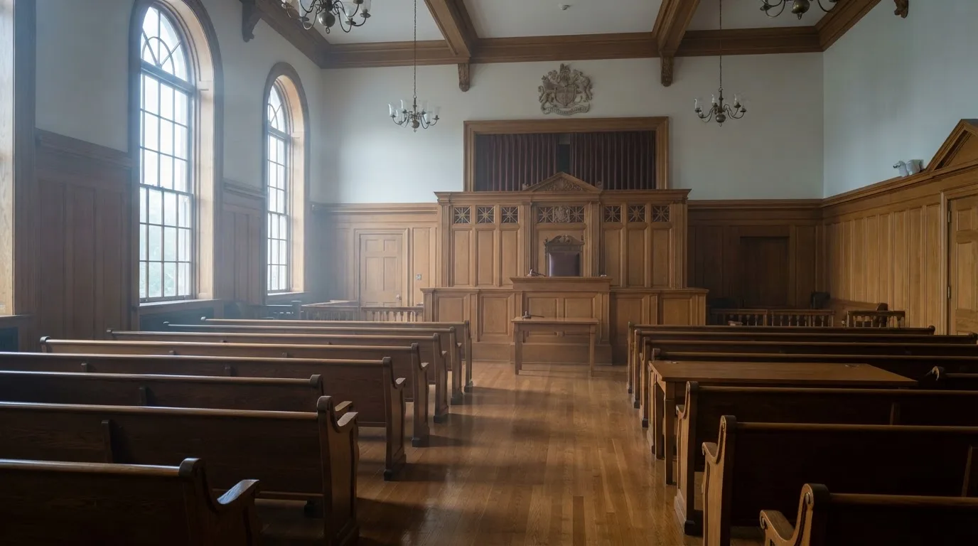 Sala de tribunal vazia com painéis de madeira, à luz da manhã — cassinos de criptomoedas pt