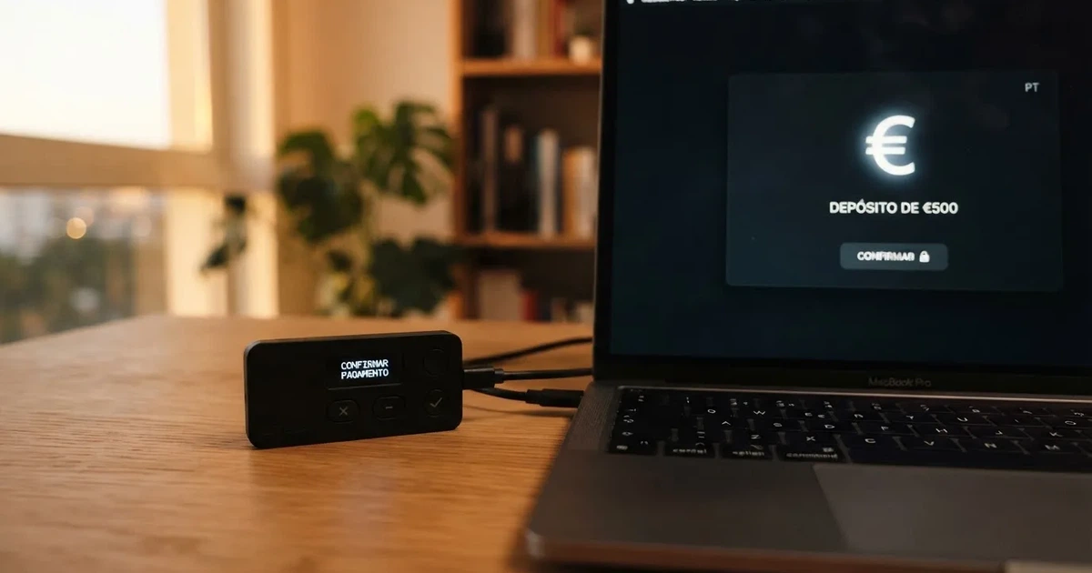 Carteira de hardware e computador portátil numa secretária, com luz suave — cassinos de criptomoedas pt