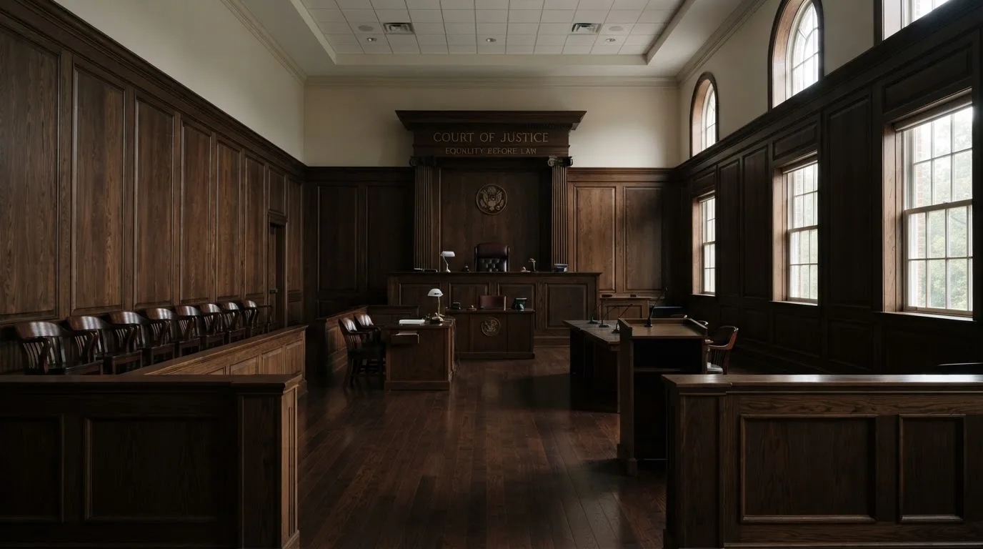 Sala de tribunal vazia com painéis de madeira, à luz da manhã — cassinos sem kyc em portugal