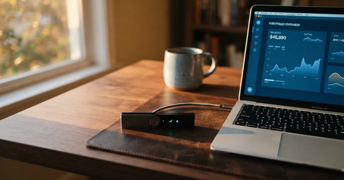 Carteira de hardware e computador portátil numa secretária, com luz suave — cassinos sem kyc em portugal