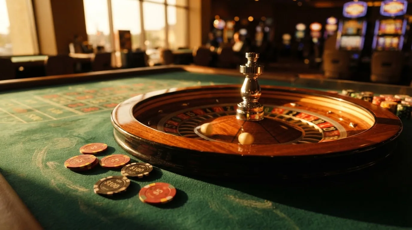 Roda de roleta e fichas sobre feltro verde, sob uma luz quente de fim de tarde — como jogar em casino pt