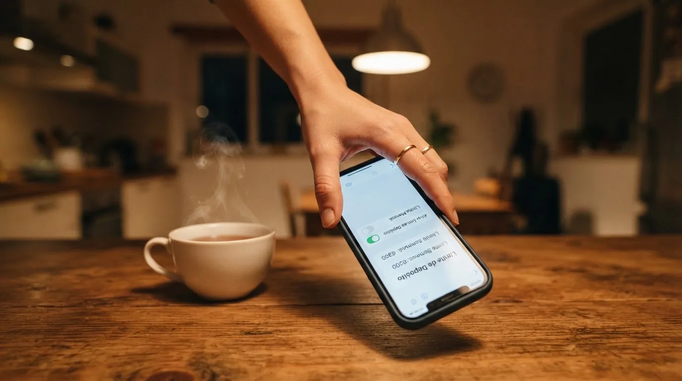 Mão a segurar um telemóvel ao lado de uma chávena de chá numa mesa de cozinha, numa noite tranquila — estoril casino em portugal