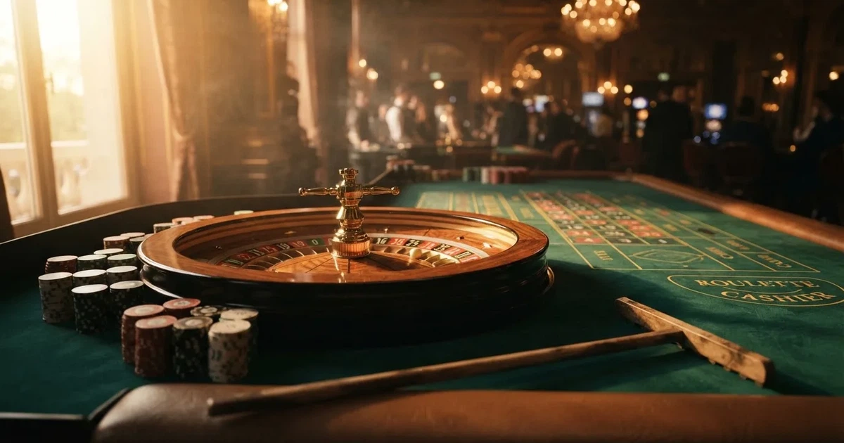 Roda de roleta e fichas sobre feltro verde, sob uma luz quente de fim de tarde — estoril casino em portugal