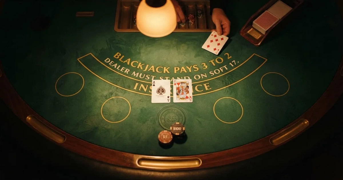 Mesa de jogo iluminada com cartas, vista de cima — estratégia de blackjack para portugueses