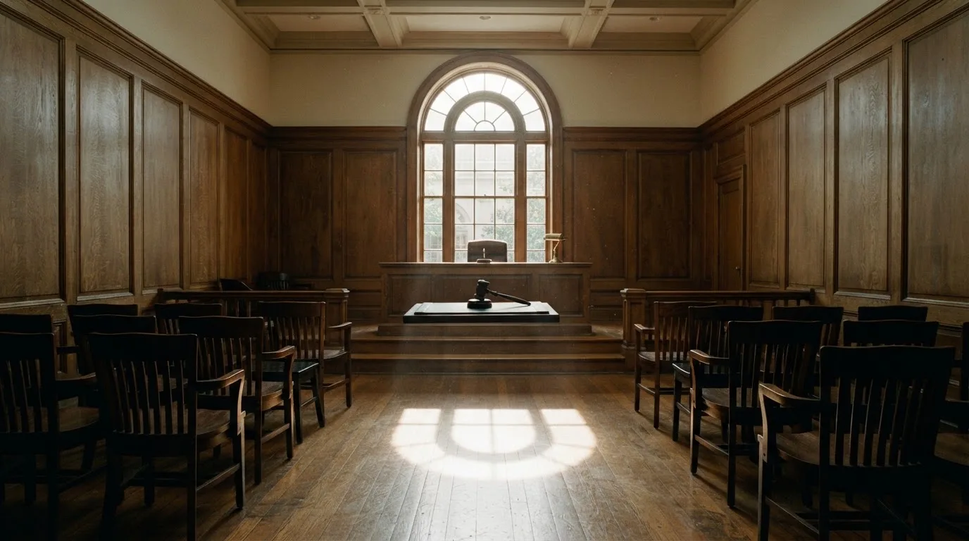 Sala de tribunal vazia com painéis de madeira, à luz da manhã — estratégia de roleta para portugueses
