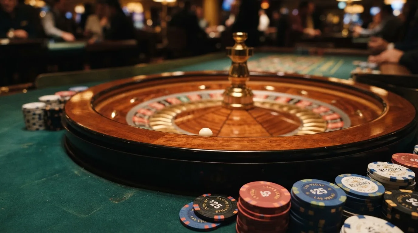 Roda de roleta e fichas sobre feltro verde, sob uma luz quente de fim de tarde — guias de casino para os portugueses
