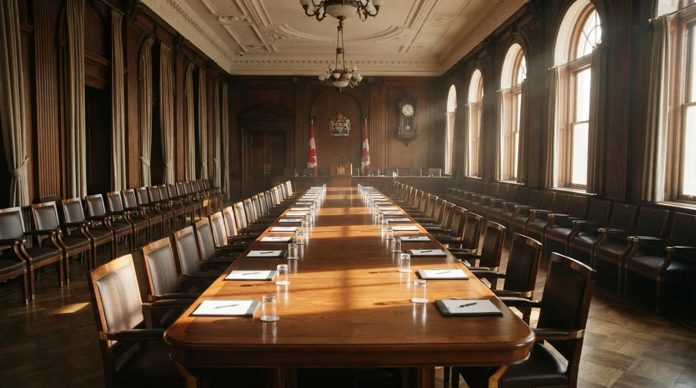 Sala de reuniões de um organismo público com mesa comprida, cadeiras alinhadas e janelas altas, sem pessoas, luz de manhã.