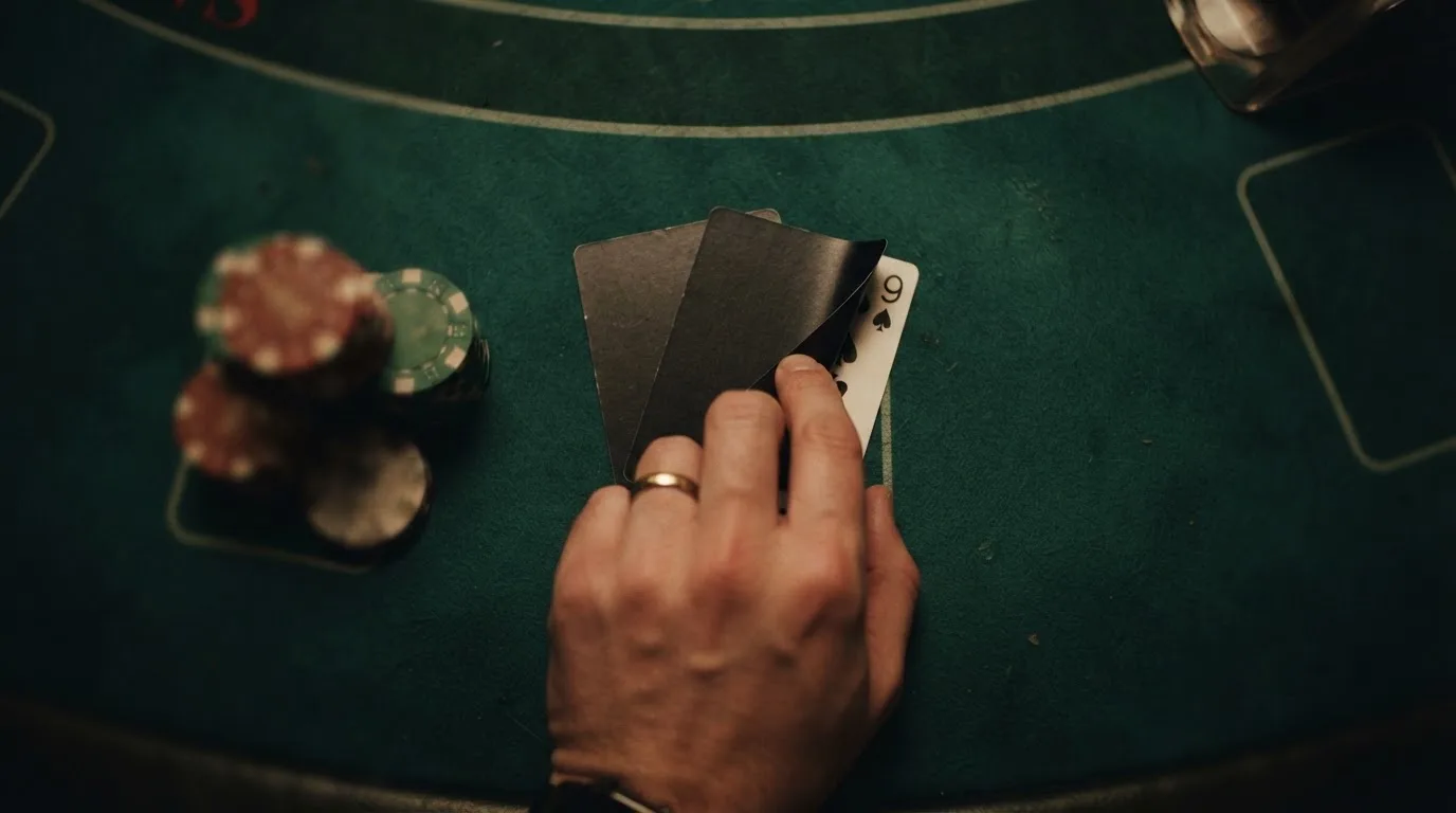 Mãos a espreitar duas cartas viradas para baixo numa mesa de feltro verde, com pilhas de fichas desfocadas ao lado.