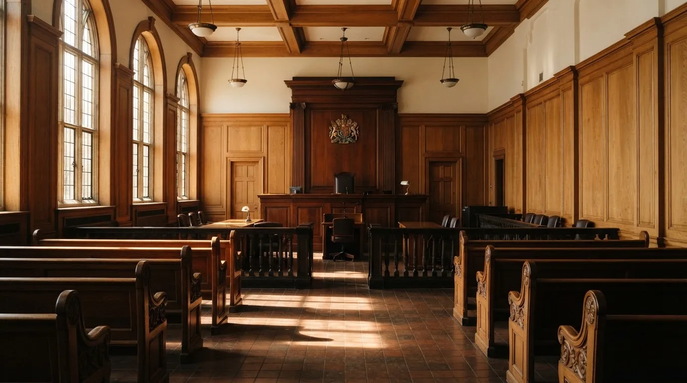 Sala de tribunal vazia com painéis de madeira, à luz da manhã — jogar no casino em portugal