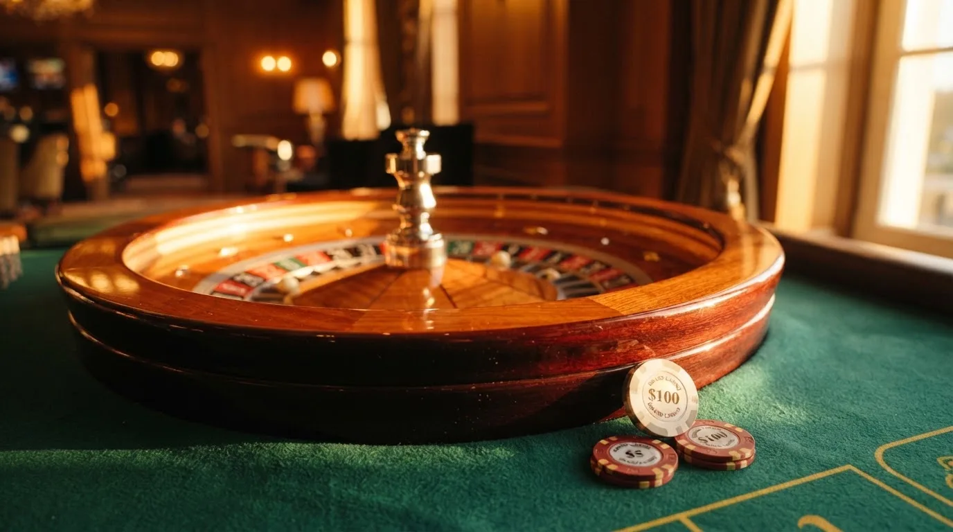 Roda de roleta e fichas sobre feltro verde, sob uma luz quente de fim de tarde — jogar no casino em portugal