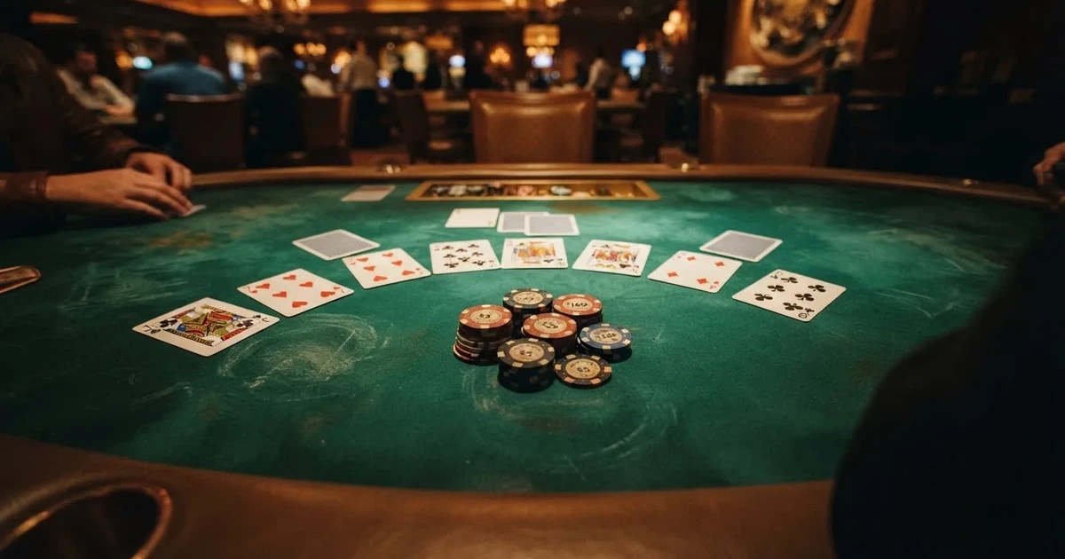 Mesa de jogo iluminada com cartas, vista de cima — jogar no casino em portugal
