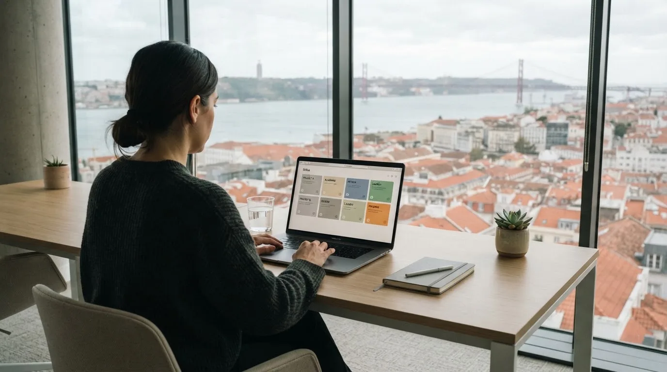 Profissional de um serviço público a trabalhar ao portátil numa sala de escritório moderna em Lisboa, com grandes janelas e vista para o rio Tejo.
