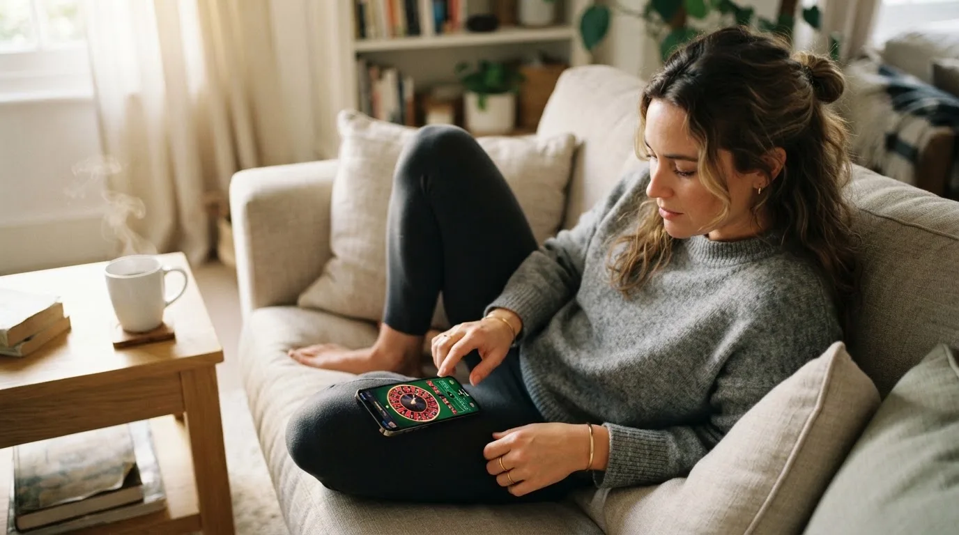 Mulher sentada num sofá a jogar roleta no telemóvel, com uma chávena de café na mesa e luz natural a entrar pela janela.