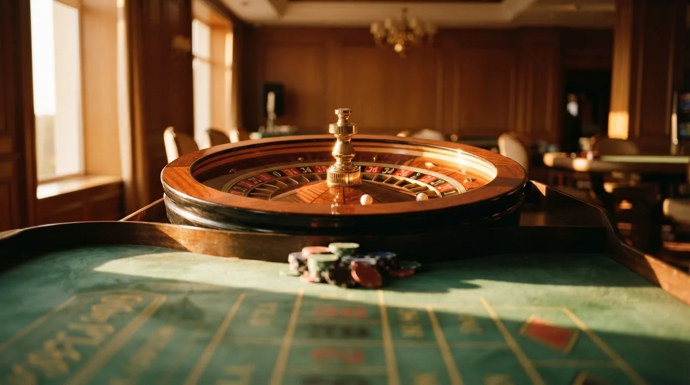 Roda de roleta e fichas sobre feltro verde, sob uma luz quente de fim de tarde — jogo de craps em portugal