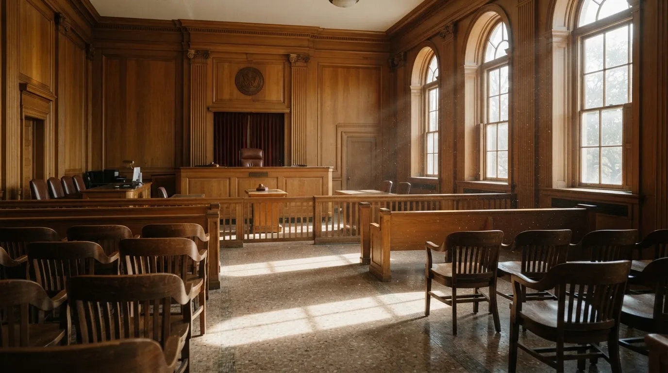 Sala de tribunal vazia com painéis de madeira, à luz da manhã — jogos de casino em portugal