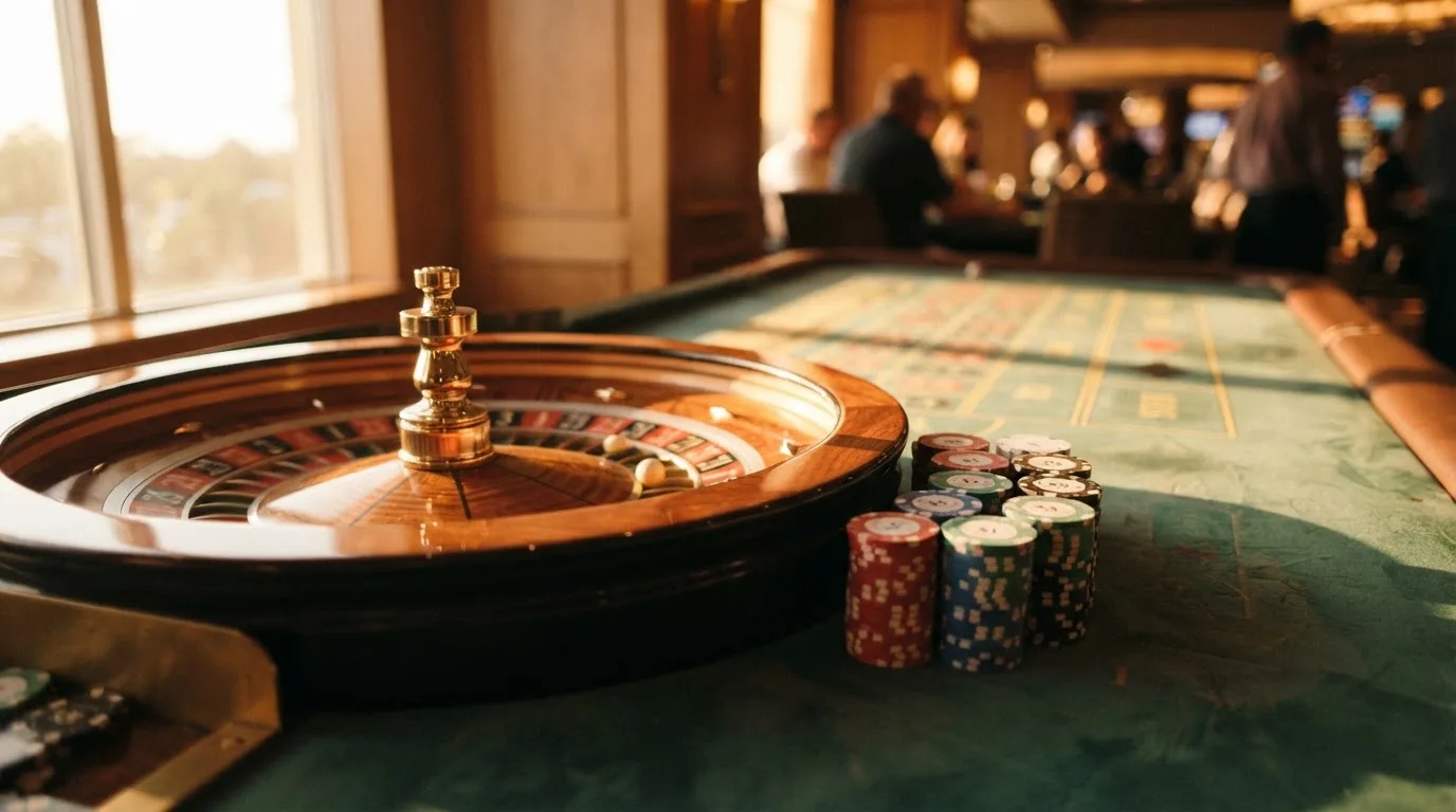 Roda de roleta e fichas sobre feltro verde, sob uma luz quente de fim de tarde — jogos de casino em portugal