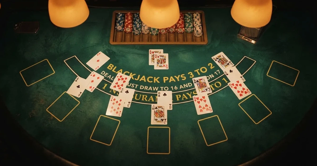 Mesa de jogo iluminada com cartas, vista de cima — jogos de casino em portugal
