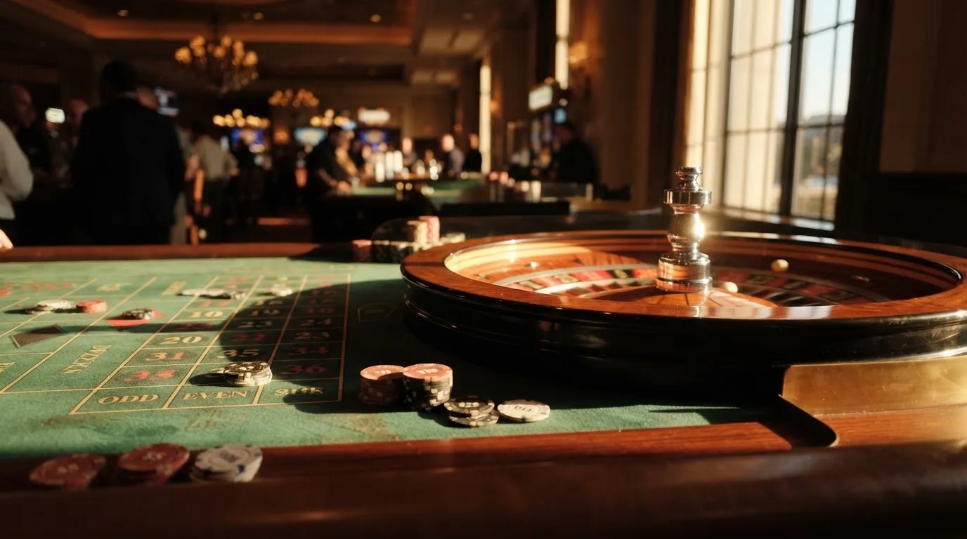 Roda de roleta e fichas sobre feltro verde, sob uma luz quente de fim de tarde — jogos de casino grátis pt