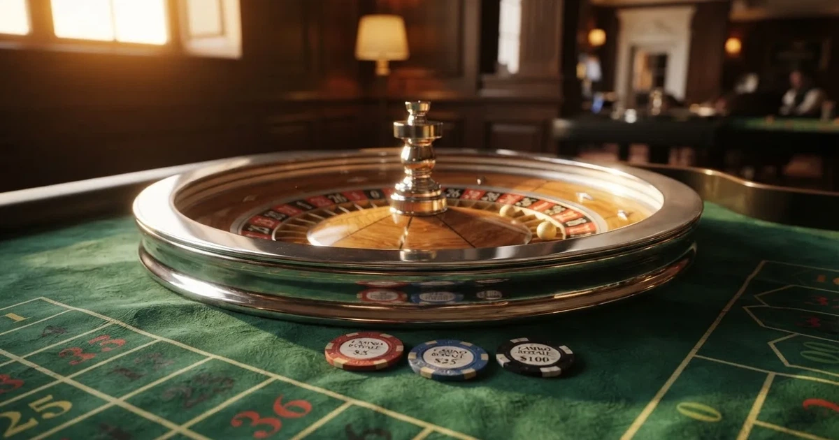 Roda de roleta e fichas sobre feltro verde, sob uma luz quente de fim de tarde — jogos de casino online pt