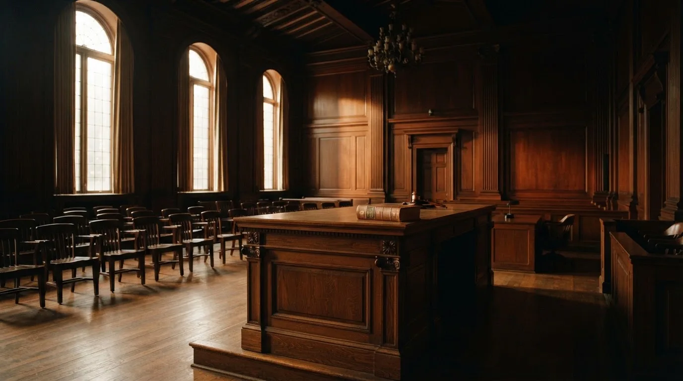 Sala de tribunal vazia com painéis de madeira, à luz da manhã — jogos de cassino em portugal