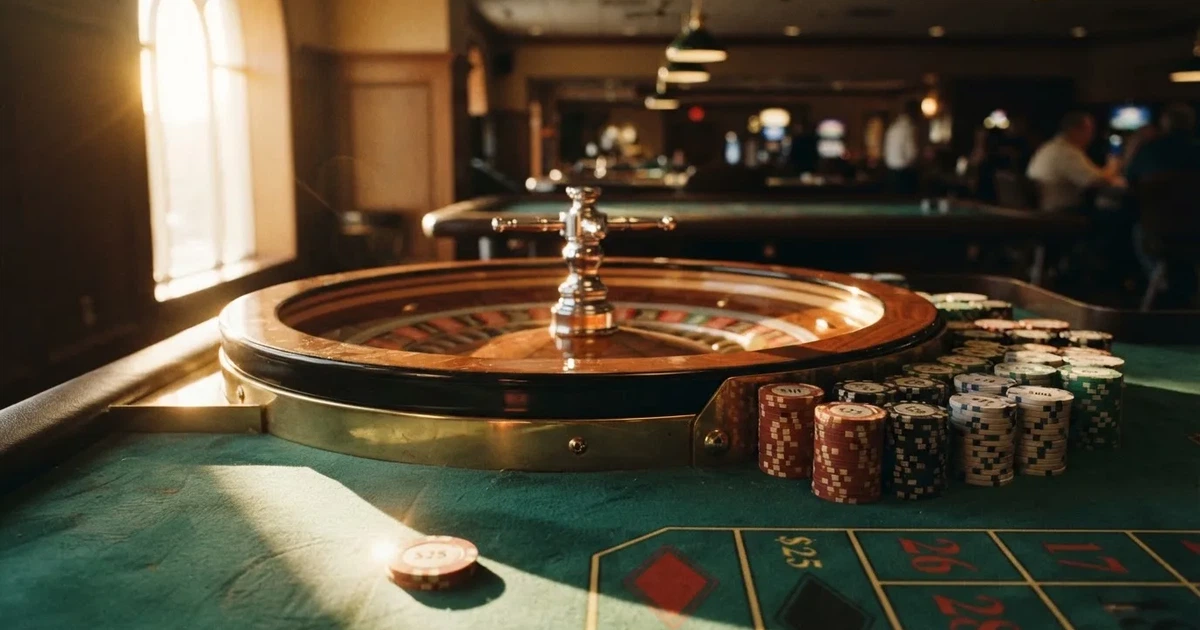 Roda de roleta e fichas sobre feltro verde, sob uma luz quente de fim de tarde — jogos de cassino em portugal