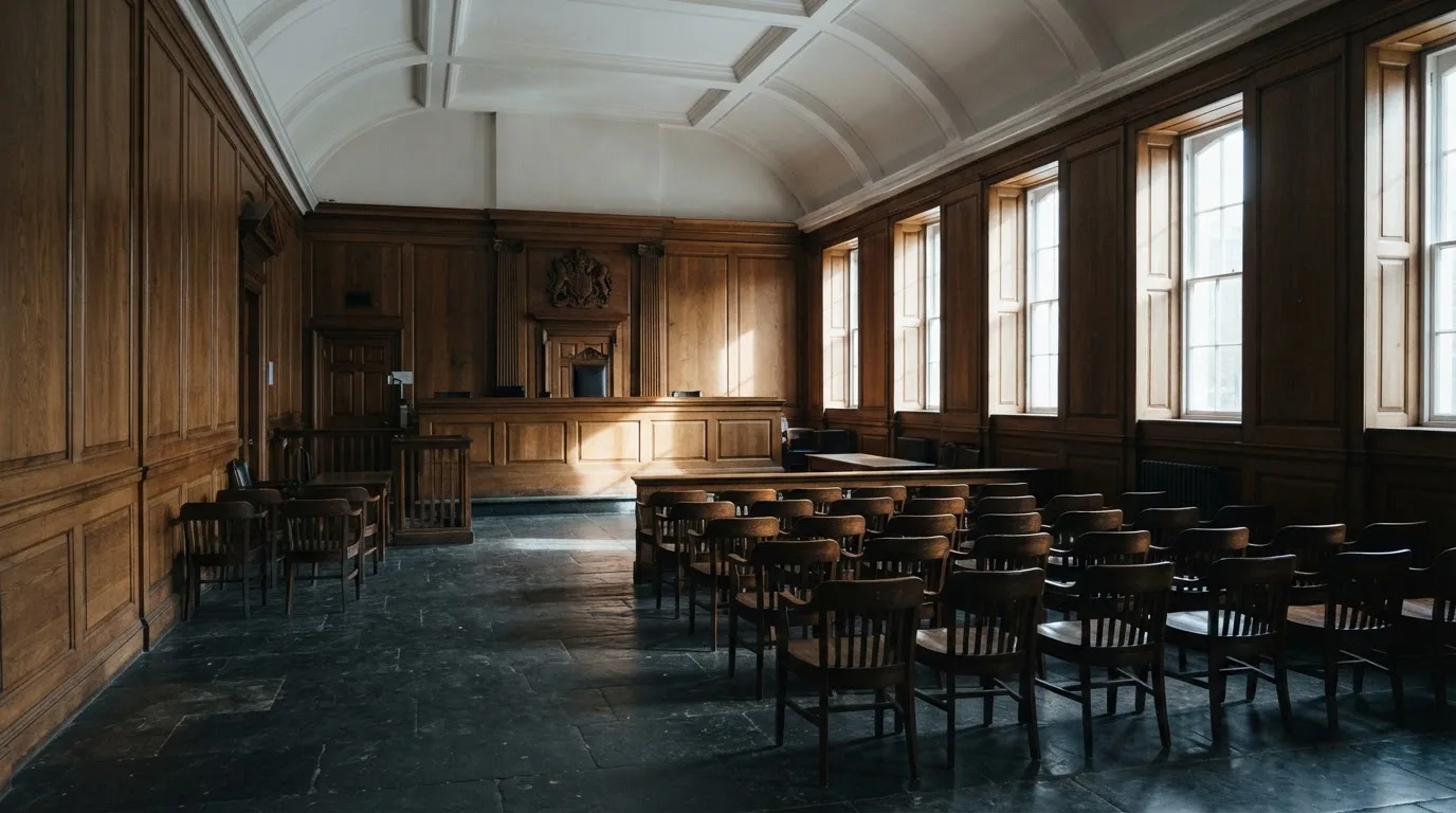 Sala de tribunal vazia com painéis de madeira, à luz da manhã — jogos de roleta em casino pt