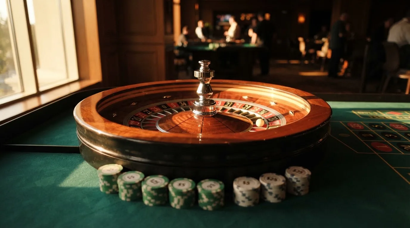 Roda de roleta e fichas sobre feltro verde, sob uma luz quente de fim de tarde — jogos de roleta em casino pt
