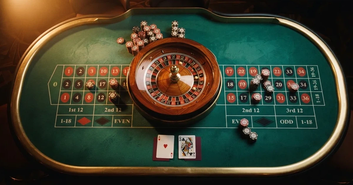 Mesa de jogo iluminada com cartas, vista de cima — jogos de roleta em casino pt