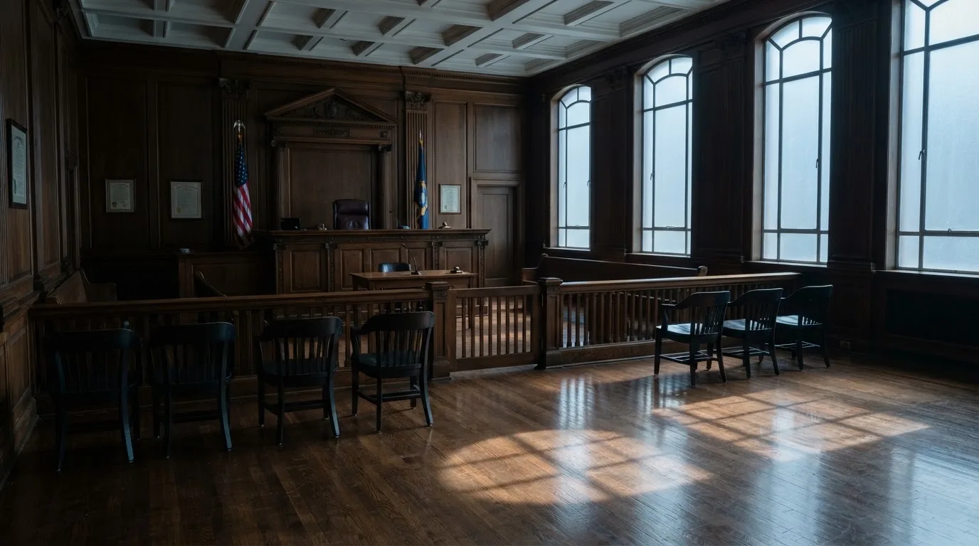 Sala de tribunal vazia com painéis de madeira, à luz da manhã — jogos de slots em portugal