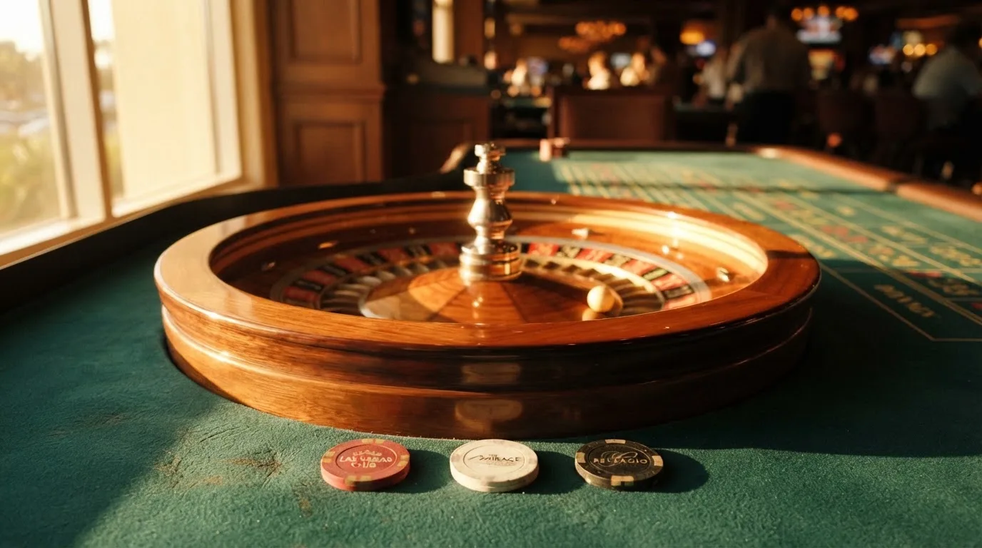 Roda de roleta e fichas sobre feltro verde, sob uma luz quente de fim de tarde — jogos de slots em portugal
