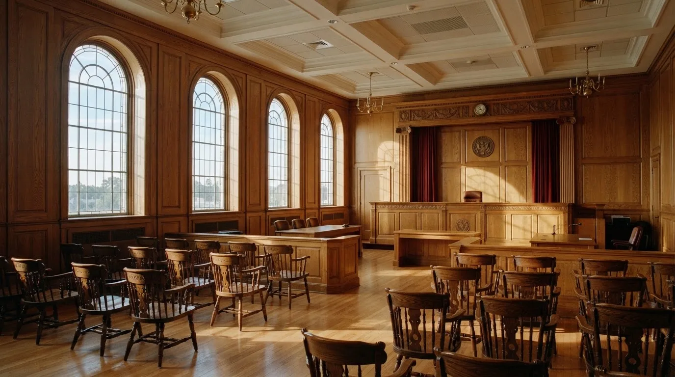 Sala de tribunal vazia com painéis de madeira, à luz da manhã — live casinos em portugal