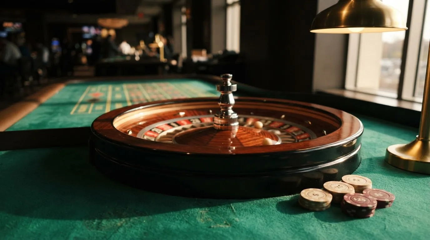 Roda de roleta e fichas sobre feltro verde, sob uma luz quente de fim de tarde — live casinos em portugal
