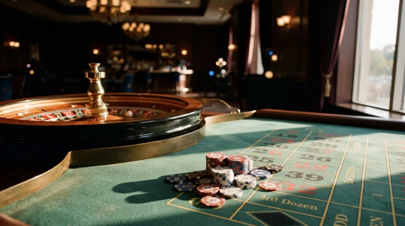 Roda de roleta e fichas sobre feltro verde, sob uma luz quente de fim de tarde — máquinas de casino em portugal