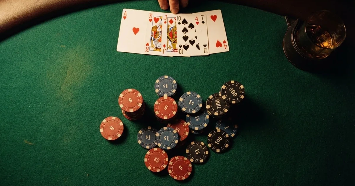 Mesa de jogo iluminada com cartas, vista de cima — máquinas de casino em portugal