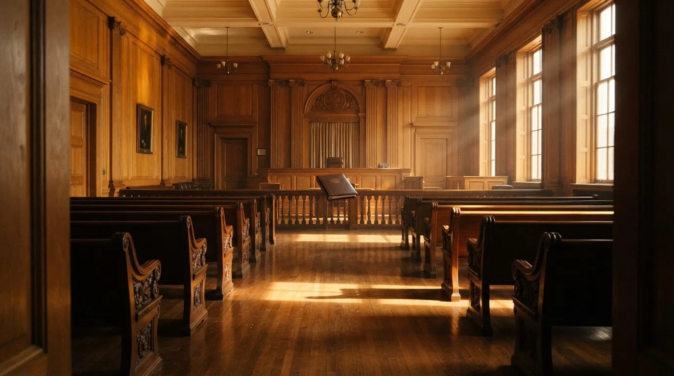 Sala de tribunal vazia com painéis de madeira, à luz da manhã — melhor blackjack em portugal