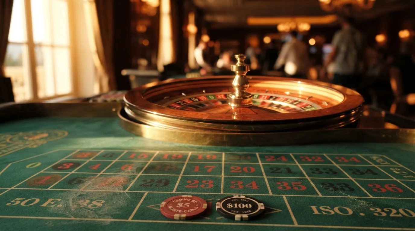 Roda de roleta e fichas sobre feltro verde, sob uma luz quente de fim de tarde — melhor blackjack em portugal