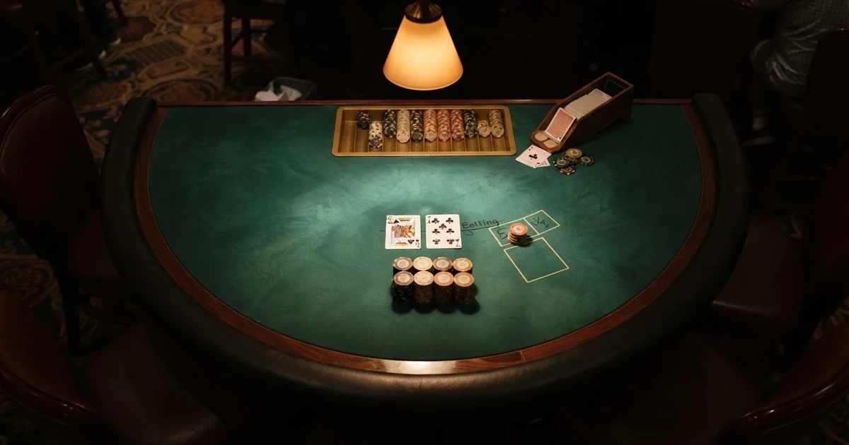 Mesa de jogo iluminada com cartas, vista de cima — melhor blackjack em portugal