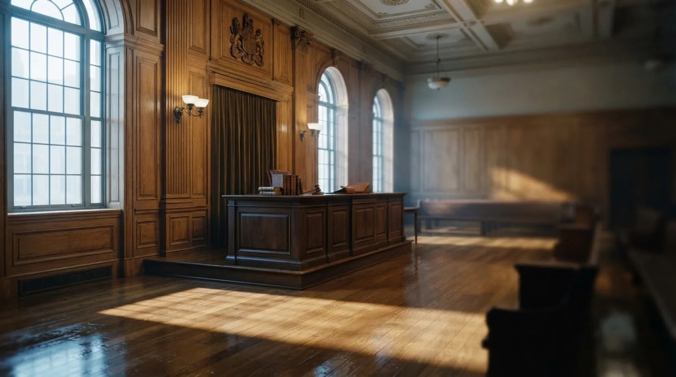 Sala de tribunal vazia com painéis de madeira, à luz da manhã — melhor roleta em portugal