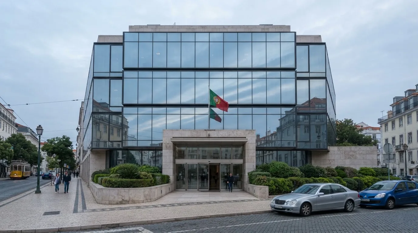Edifício de escritórios de um organismo público em Lisboa, visto da rua, com vidros espelhados a refletir o céu e uma bandeira.