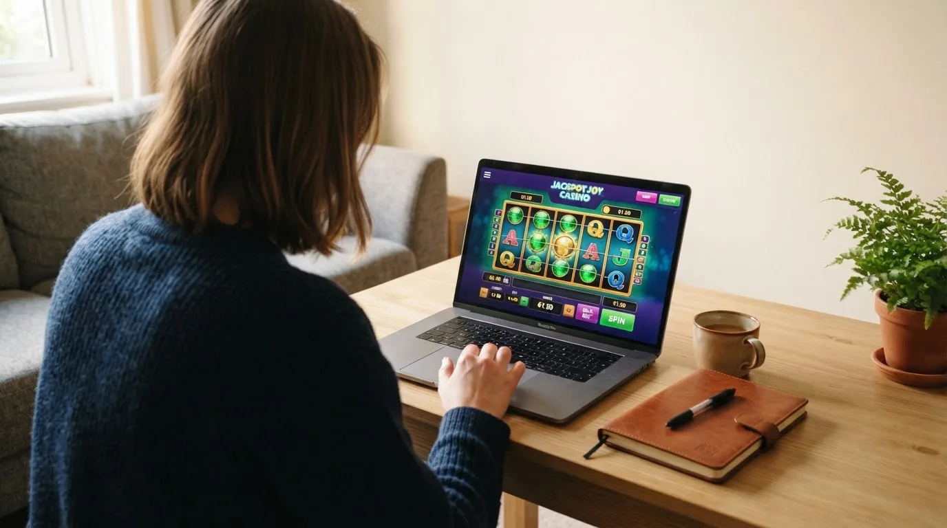 Pessoa a explorar um casino online no portátil numa mesa de sala, com bloco de notas fechado e uma planta ao lado.