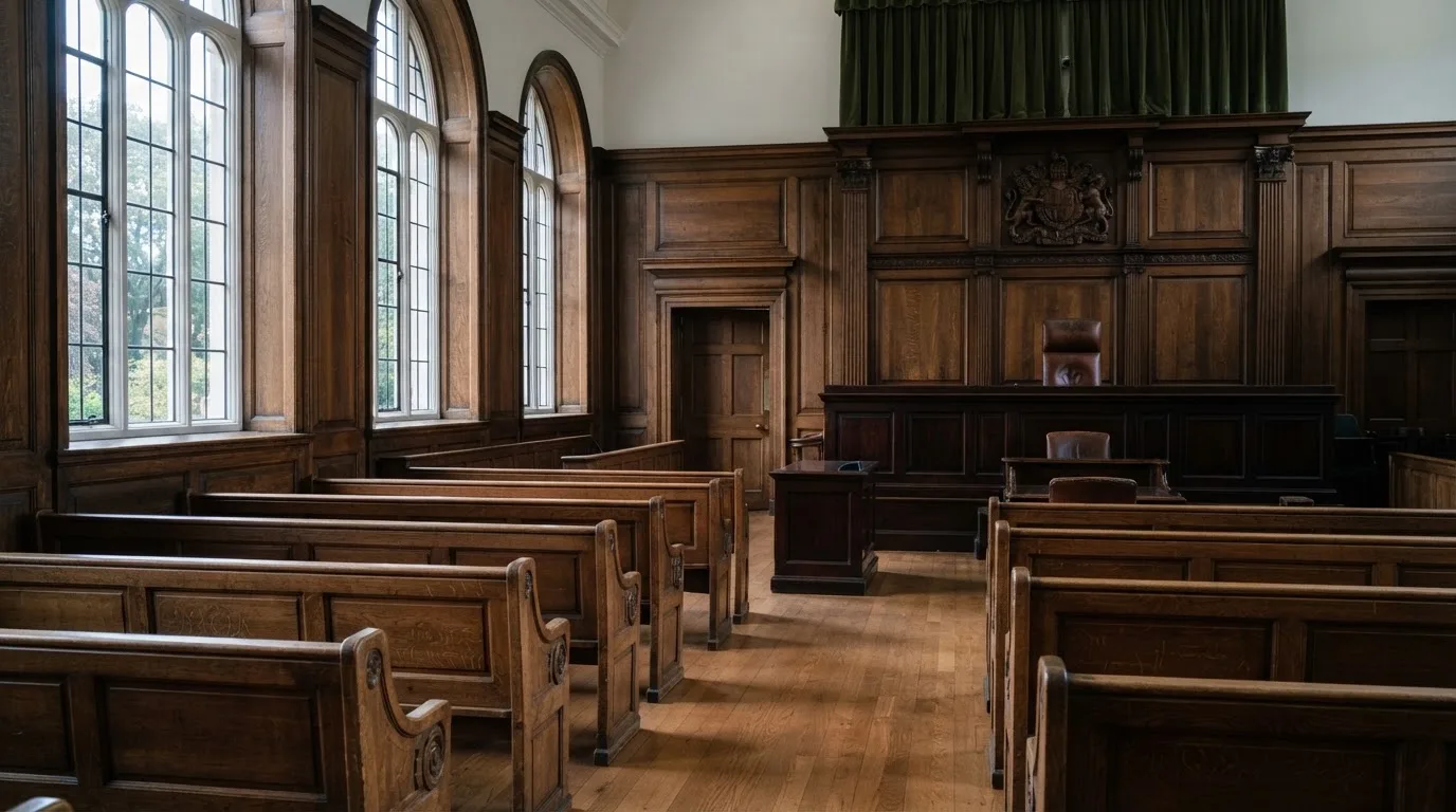 Sala de tribunal vazia com painéis de madeira, à luz da manhã — melhores cassinos em portugal