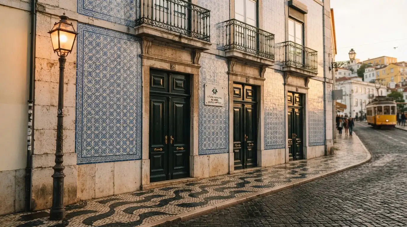 Fachada de um edifício oficial lisboeta com azulejos e portas altas, rua em calçada portuguesa e um candeeiro antigo.