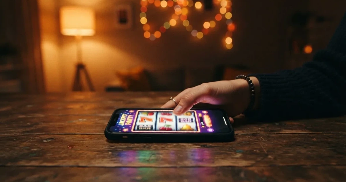 Jovem a deslizar o dedo num telemóvel, com rolos coloridos de uma máquina desfocados ao fundo, ambiente noturno e luzes quentes.