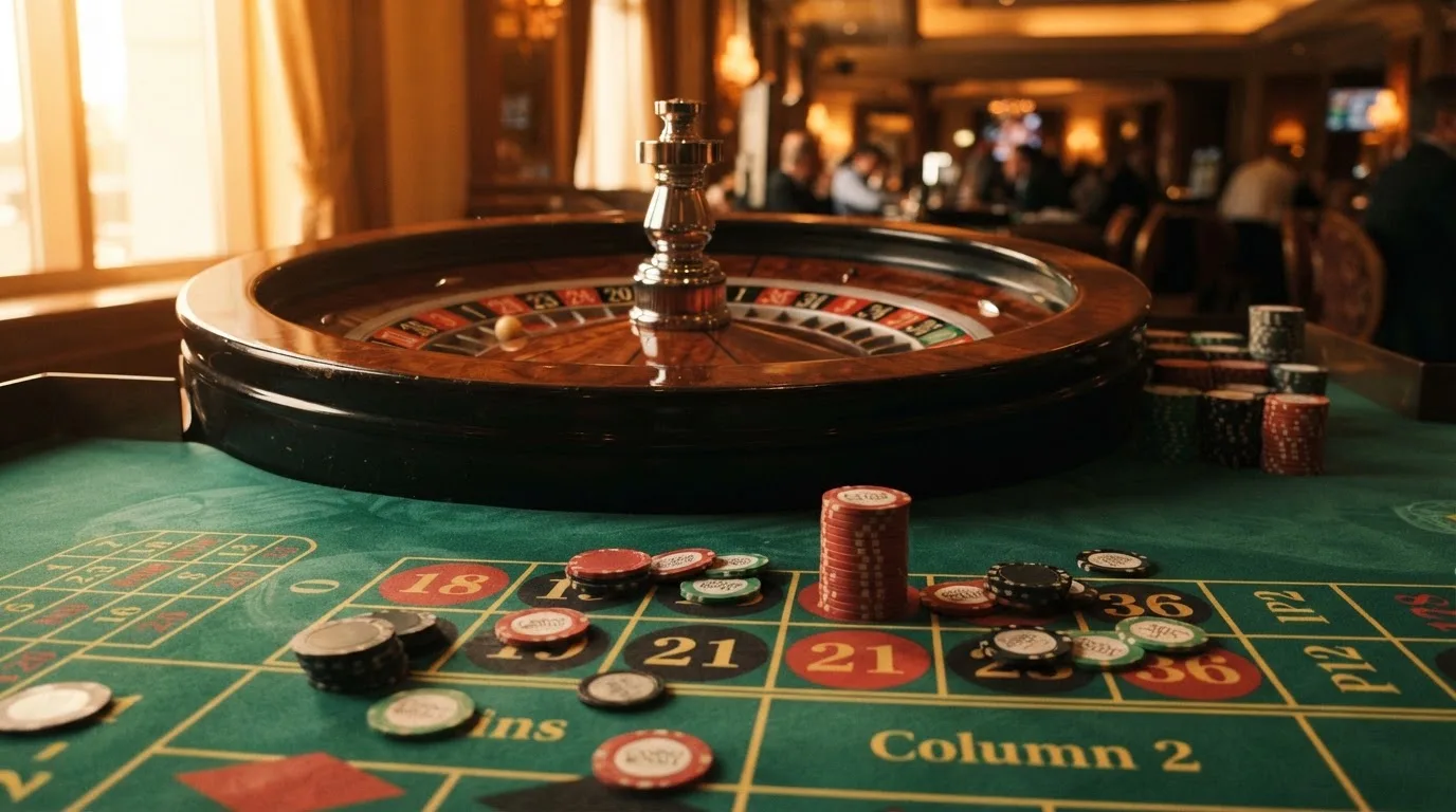 Roda de roleta e fichas sobre feltro verde, sob uma luz quente de fim de tarde — mesas de casino em portugal